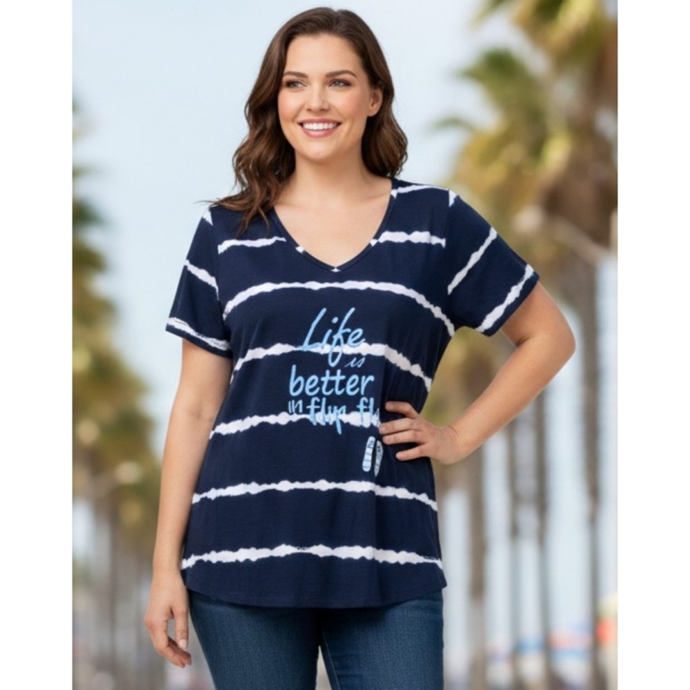 Avenue "Life is better in flip flops" Vneck  striped tee Navy & White Size 18/20